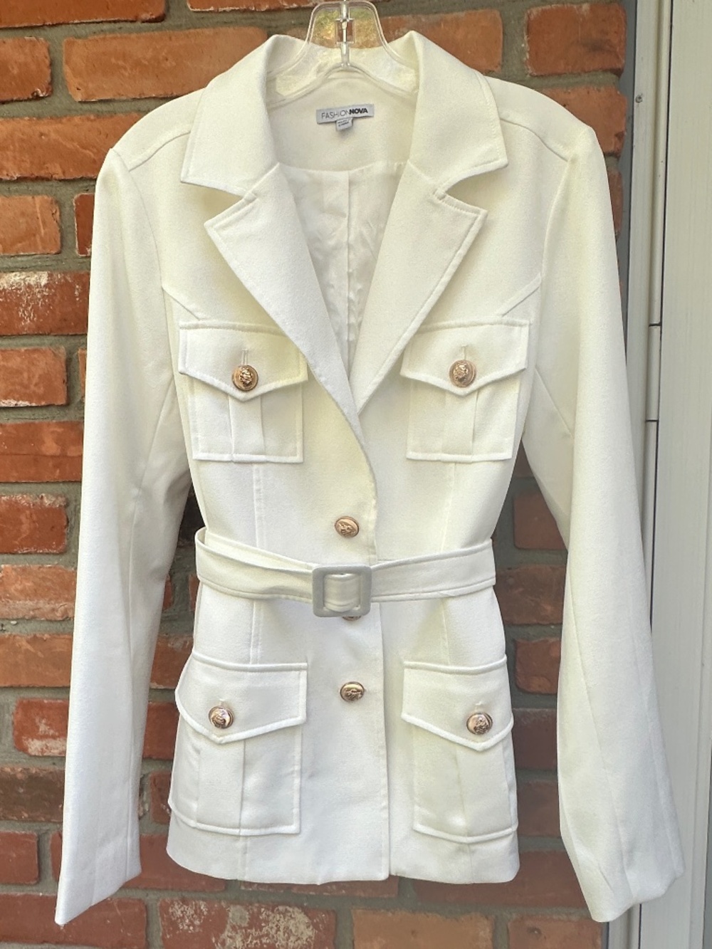 Fashion Nova Cream White Belted Utility Blazer Jacket with Gold Buttons - Size L